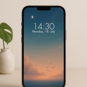 May include: A smartphone displays a digital wallpaper with a sunset scene in shades of orange and blue, with birds in flight. The time is 14:30 on Monday, July 18th. Text at the top reads "INSTANT DOWNLOAD". The phone is for iPhone & Android.