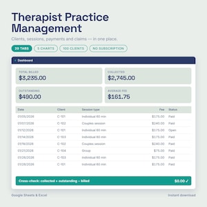 Könnte beinhalten: Ein digitales Dashboard für das Praxismanagement von Therapeuten mit Finanzdaten wie abgerechneten, eingezogenen und ausstehenden Beträgen sowie Durchschnittsgebühren. Die Tabelle listet Klientensitzungen mit Datum, Art und Zahlungsstatus auf.