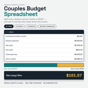 Könnte beinhalten: Eine digitale Budget-Tabelle für Paare für Google Sheets und Excel. Die Benutzeroberfläche zeigt eine Finanzübersicht für März mit Kategorien für das Gesamteinkommen, geteilte Ausgaben, individuelle Zahlungen und einen Fortschrittsbalken.