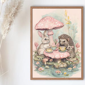Woodland Tea Party Nursery Print Fairycore Animal Wall Art Whimsical Storybook Decor Woodland Animal Illustration Kids Room Vintage Style