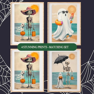Summerween Digital Art Prints set of 4 | Summerween Decor for Party & Wall Halloween Beach A2 Hi-Res JPG | Summerween Vibes Halloween Party