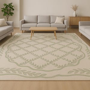 Hand Tufted Botanical Area Rug: Beige & Sage Green, 8x10 Living Room Carpet