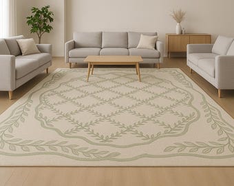 Handgetuft botanisch vloerkleed: beige en saliegroen, 8 x 10 woonkamertapijt