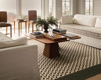 Handmade Scandinavian Design Olive & Cream Modern Geometric Flat weave Area Rug. Custom Sizes