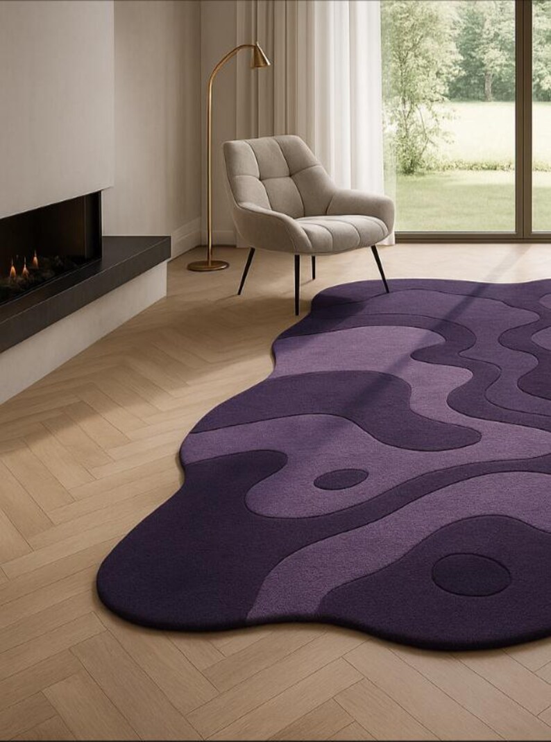 Hand tufted irregular purple abstract wool rug with wavy layered design, modern statement carpet for living room décor"