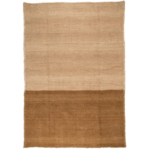 May include: A rectangular rug with a two-tone design. The top half is a light tan color, and the bottom half is a darker brown. The rug appears to be made of a woven material, possibly jute or a similar natural fiber.