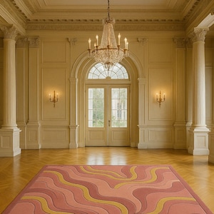 Modern Hand-Tufted Pink Abstract Rug – Gold & Mauve Wavy Lines – Luxury Contemporary Area Carpet for Living Room or Bedroom Décor .