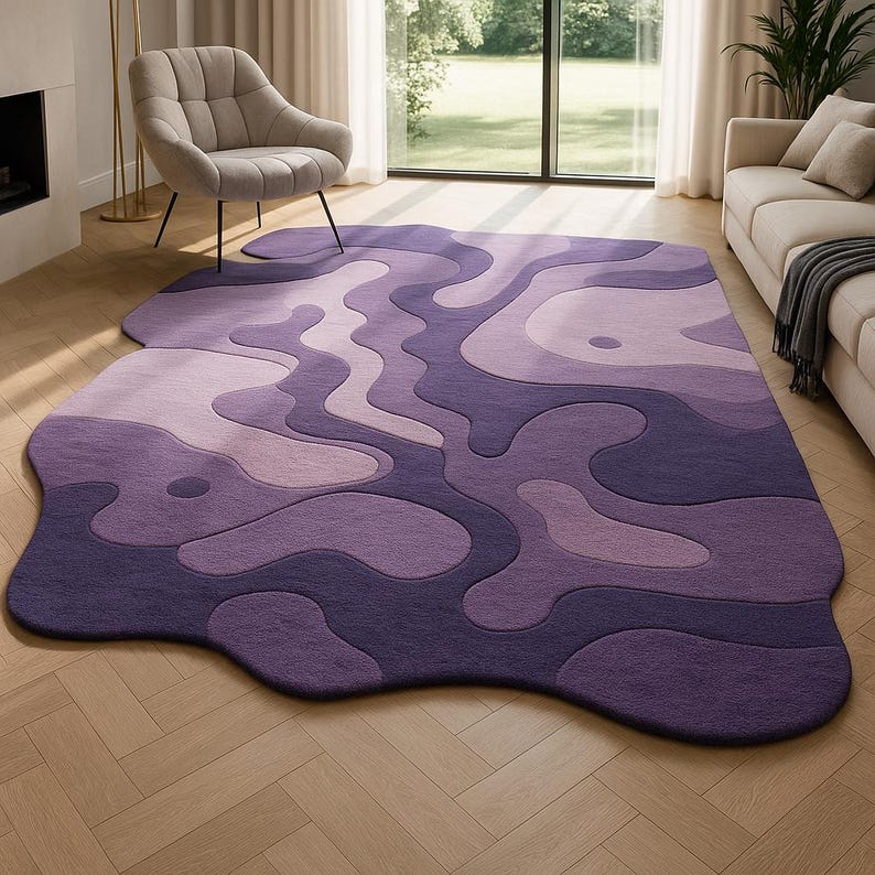 Hand tufted irregular purple abstract wool rug with wavy layered design, modern statement carpet for living room décor"