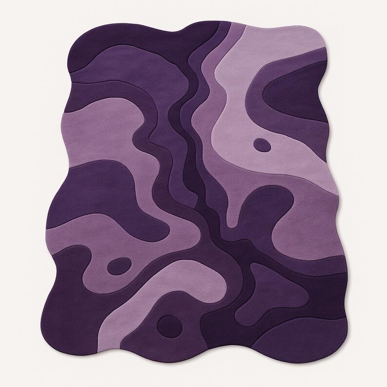 Hand tufted irregular purple abstract wool rug with wavy layered design, modern statement carpet for living room décor"
