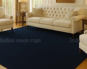 Hand Tufted Solid Area Rug | Custom Size Modern Carpet | Minimalist Plain Rug for Living Room | Soft Plush Floor Rug | Navy Blue Rug Bedroom