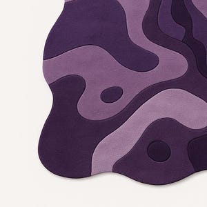 Hand tufted irregular purple abstract wool rug with wavy layered design, modern statement carpet for living room décor"