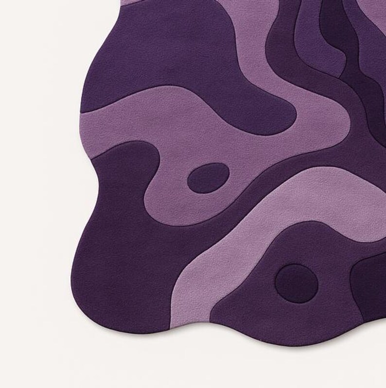 Hand tufted irregular purple abstract wool rug with wavy layered design, modern statement carpet for living room décor"
