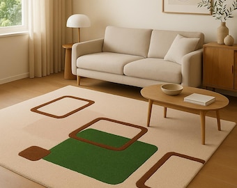 Hand-Tufted Geometric Rug: Beige, Green & Brown Abstract Carpet