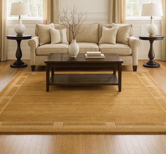 Hand Tufted Wool Area Rug: Modern Mustard Yellow Border Design