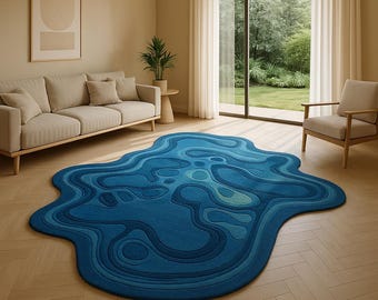 Hand Tufted Wool Rug: Modern Blue Abstract Ocean Wave Design