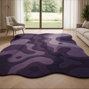 Hand tufted irregular purple abstract wool rug with wavy layered design, modern statement carpet for living room décor"