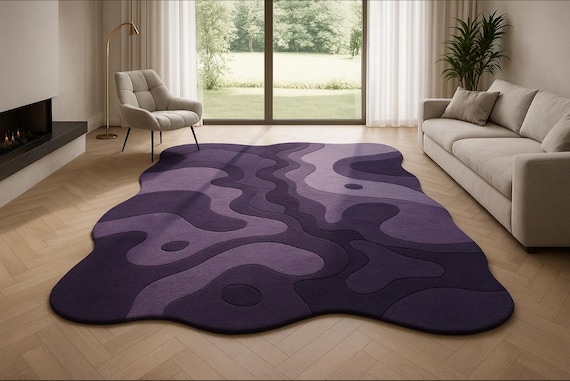 Hand Tufted Wool Rug: Irregular Purple Abstract Design
