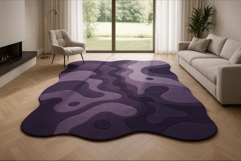 Hand tufted irregular purple abstract wool rug with wavy layered design, modern statement carpet for living room décor"