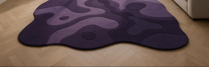 Hand tufted irregular purple abstract wool rug with wavy layered design, modern statement carpet for living room décor"