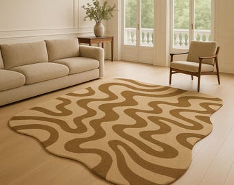 Hand Tufted Wavy Rug: Beige & Brown Abstract Carpet