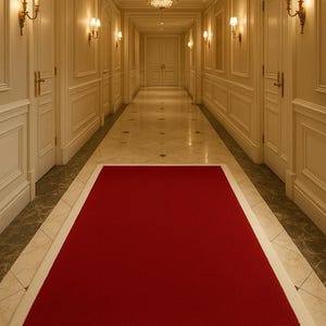 Może przedstawiać: Długi korytarz z czerwonym dywanem obramowanym kremowym obramowaniem. Ściany są jasnobeżowe z pasującymi drzwiami i kinkietami. Żyrandol wisi u sufitu, oświetlając przestrzeń.