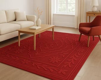 Hand Tufted Wool Rug: Red Floral Embossed Indian Carpet