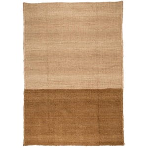 May include: A rectangular rug with a two-tone design. The top half is a light tan color, and the bottom half is a darker brown. The rug appears to be made of a woven material, possibly jute or a similar natural fiber.