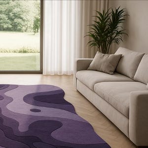 Hand tufted irregular purple abstract wool rug with wavy layered design, modern statement carpet for living room décor"
