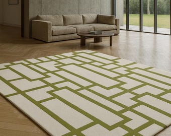 Hand Tufted Wool Rug: Modern Geometric Olive Green Carpet