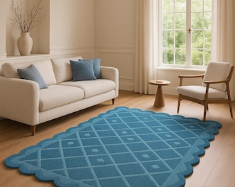 Hand Tufted Wool Blend Rug: Blue Scalloped Edge, Modern Geometric Carpet