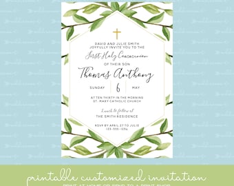 Watercolor Branches First Communion Invitation - Eucalyptus, Magnolia, Baptist, Wedding, Bridal Shower, Save the Date