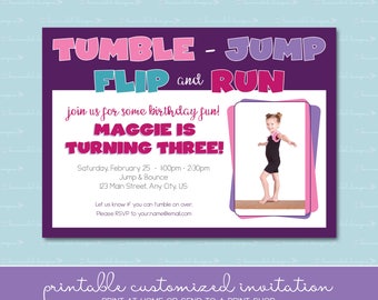 Gymnastics Birthday Party Invitation with Photo - Tumble, Jump, Flip, Run, Bounce, Trampoline