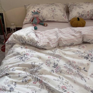 Cotton Floral Bedding Set, Cottagecore Duvet Cover, Soft Stripe Patchwork Bed Set, Fresh Aesthetic Bedding