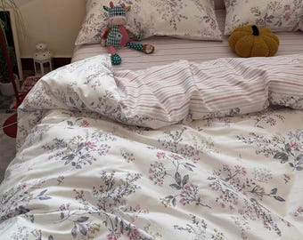 Cotton Floral Bedding Set, Cottagecore Duvet Cover, Soft Stripe Patchwork Bed Set, Fresh Aesthetic Bedding