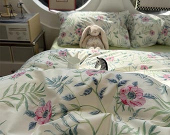 Vintage katoenen beddengoedset met bloemen, zachte botanische dekbedovertrekset, Cottagecore Aesthetic beddengoedset, beddengoed met tuinbloemenprint