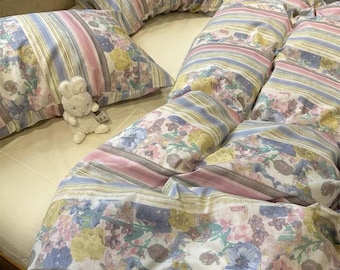 Pastel Floral Stripe Cotton Bedding Set, Vintage Cottagecore Duvet Cover, Romantic French Country Bedding, Shabby Chic Pastel Bedroom Decor