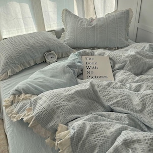 Cotton Ruffle Bedding Set, Soft Washed Cotton Duvet Cover Set, Romantic Cottagecore Bedding, Lace Trim Bed Set, Pastel Blue Bedding