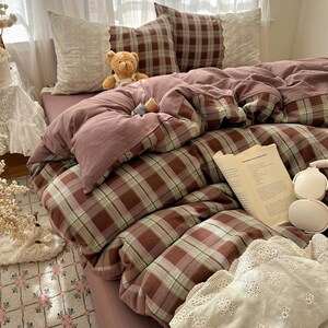 Juego de funda nórdica a cuadros, juego de ropa de cama de algodón tamaño Queen/King, juego de cama a cuadros vintage, ropa de cama suave y acogedora.