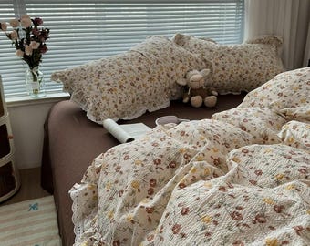 Vintage Floral Cotton Bedding Set, Soft Washed Cotton Duvet Cover Set, Cottagecore Lace Trim Quilt Cover, Cozy Rustic Farmhouse Bedding Set