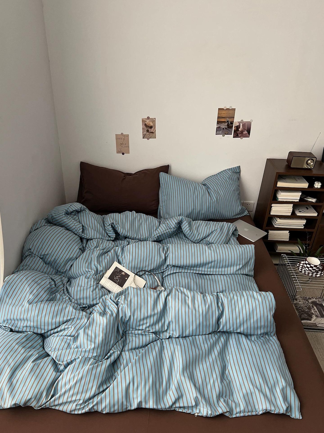 Blue Striped Cotton Bedding Set, Minimalist Stripe Duvet Cover, 100% Cotton Aesthetic Bedding, Korean Style Bedroom Decor - Full US/CA