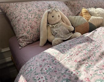 Pink Floral Cotton Bedding Set, Romantic Cottagecore Bed Sheet & Duvet Cover,Soft Cozy Pillowcases