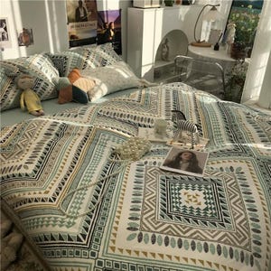 Juego de ropa de cama boho tribal, funda nórdica geométrica, juego de cama de algodón con estampado étnico, decoración de dormitorio boho