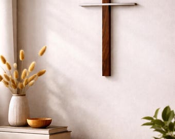 Modernes Wandkreuz aus Holz und Metall – Minimalistisches Kreuz – Christliche Wanddeko – Handarbeit | Apfel, Eiche, Nussbaum oder Rüster