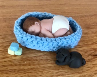 Handmade Infant Baby Doll in Bassinet with Puppy Miniature for display or decoration, cake topper or photography prop