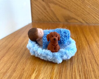 Tiny 1 1/2" HandmadePolymer Clay Baby with Dog and Extras