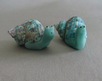 Hand Crafted Polymer Clay Pair of Snails Figurines