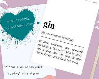 Lustige Gin Karte · Sofortiger Download A4 falten zu A5 / 5x7 · US Letter zu 5x7 Humor Karte, Gin Liebhaber Geschenk, Geburtstag