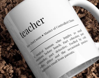 Taza divertida con la definición de profesor: Maestro del caos controlado, regalo de fin de curso para profesores, humor docente