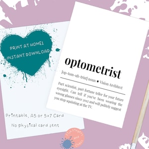 Może przedstawiać: Dwie białe karty z tekstem. Jedna karta ma turkusowe serce ze słowami "PRINT AT HOME! INSTANT DOWNLOAD". Druga karta mówi "optometrysta" z definicją. Dolna karta mówi "Printable, A5 or 5x7 Card".