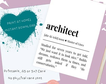 Architekt Definition Karte · Lustige Architektur Geschenk · Sofortiger Download A4 falten bis A5 / 5x7 · Design Humor